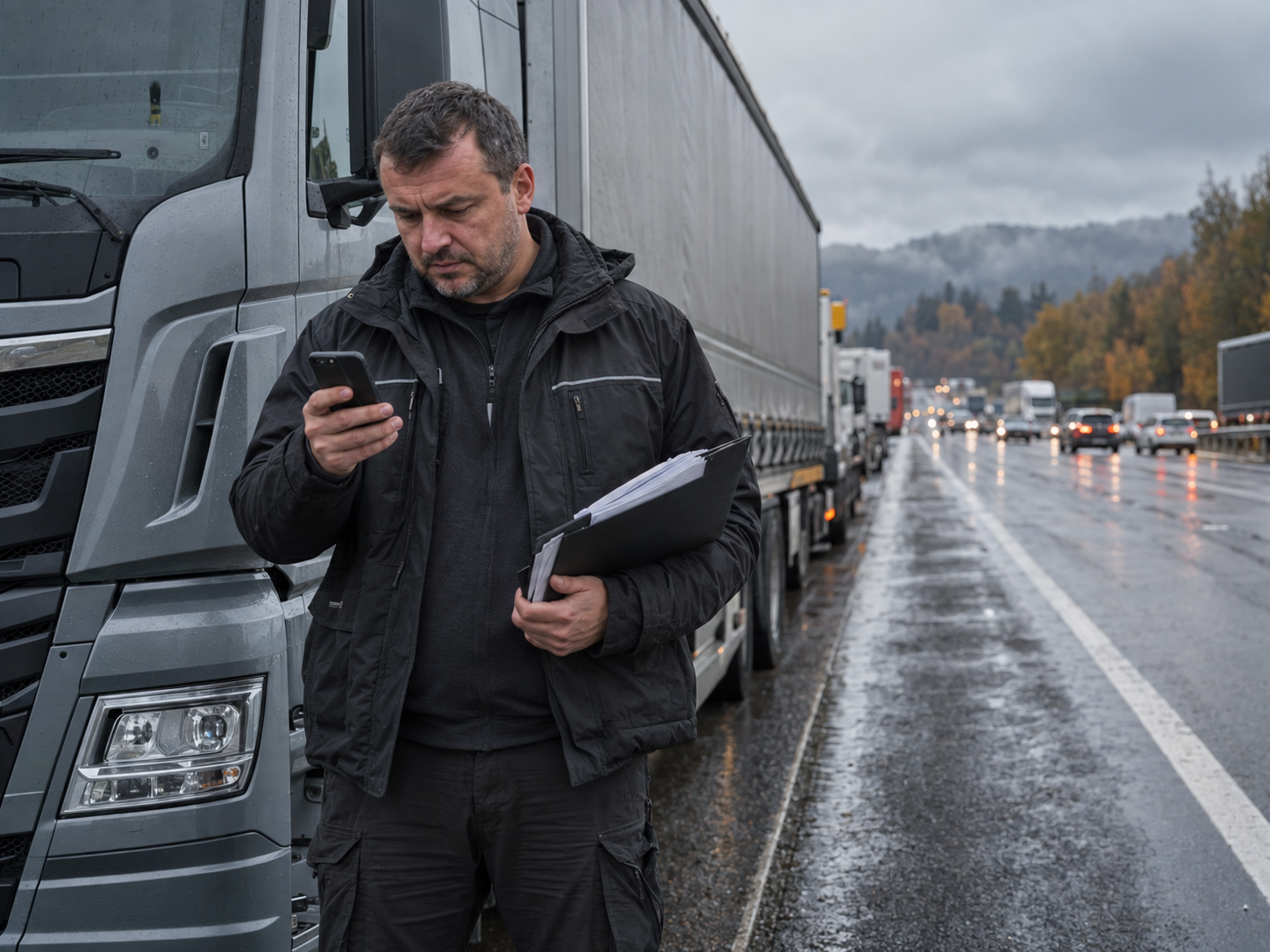 Александр Топеха проверяет документы возле грузового автомобиля перед рейсом